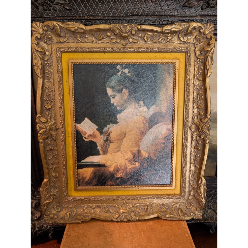 Young Girl Reading Ornate Gold Framed Textured Art Print  14.5x12.5